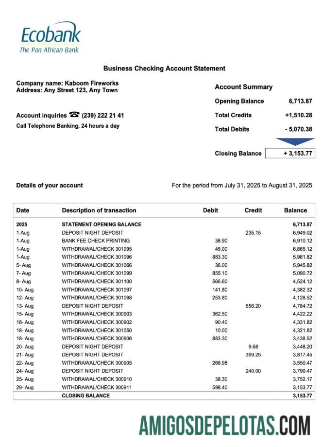 Em branco Senegal Ecobank Enterprise modelo de extrato de conta Word e PDF